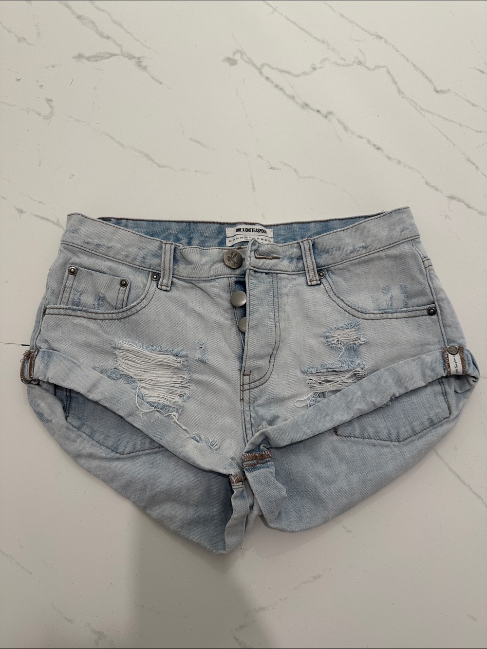 One Teaspoon Light Wash Distressed Denim Shorts